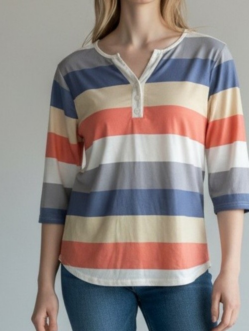 Reverse Striped Henley Top in Coral, Blue, Cream & Gray